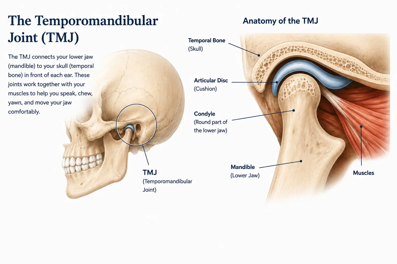 Illustration showing the location and anatomy of the temporomandibular joint (TMJ), including the jaw joint, articular disc, temporal bone, mandible, and surrounding muscles.